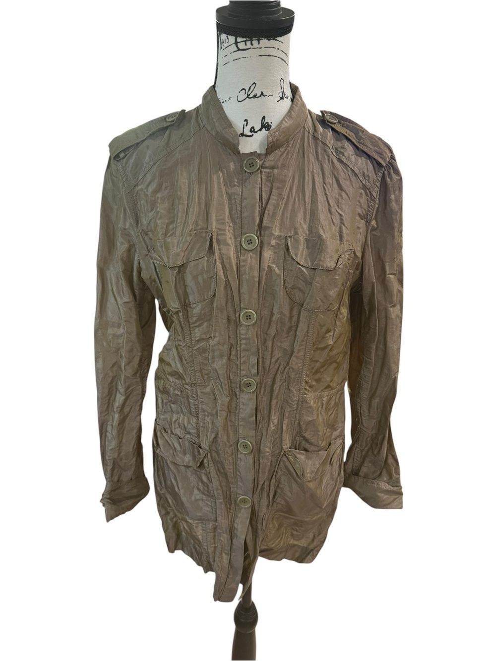 Bernadette Conte Metallic Crinkle Utility Jacket - metallic olive green Size 12